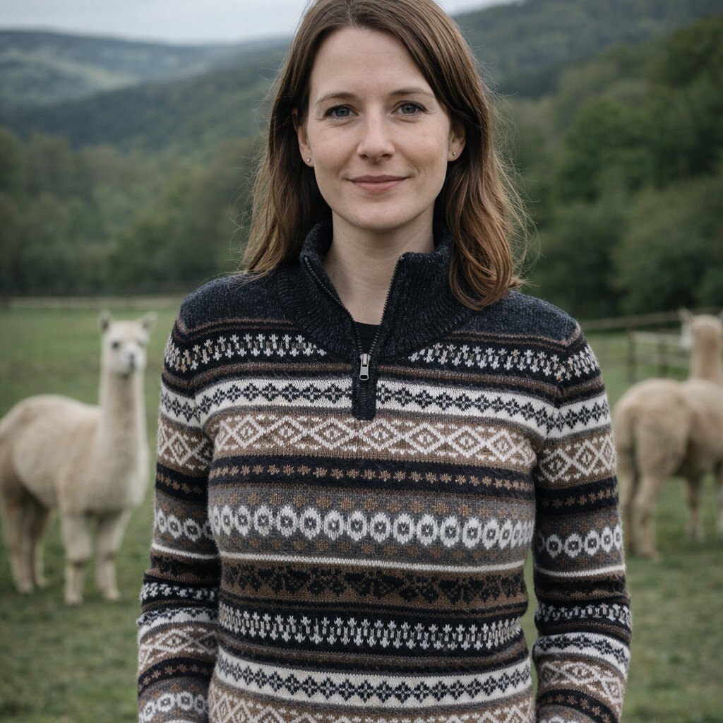 Gemusterter Pullover aus Alpakawolle, getragen vor der Weide